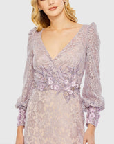 Purple Lace Long Sleeve V Neck Embellished Gown - Final Sale